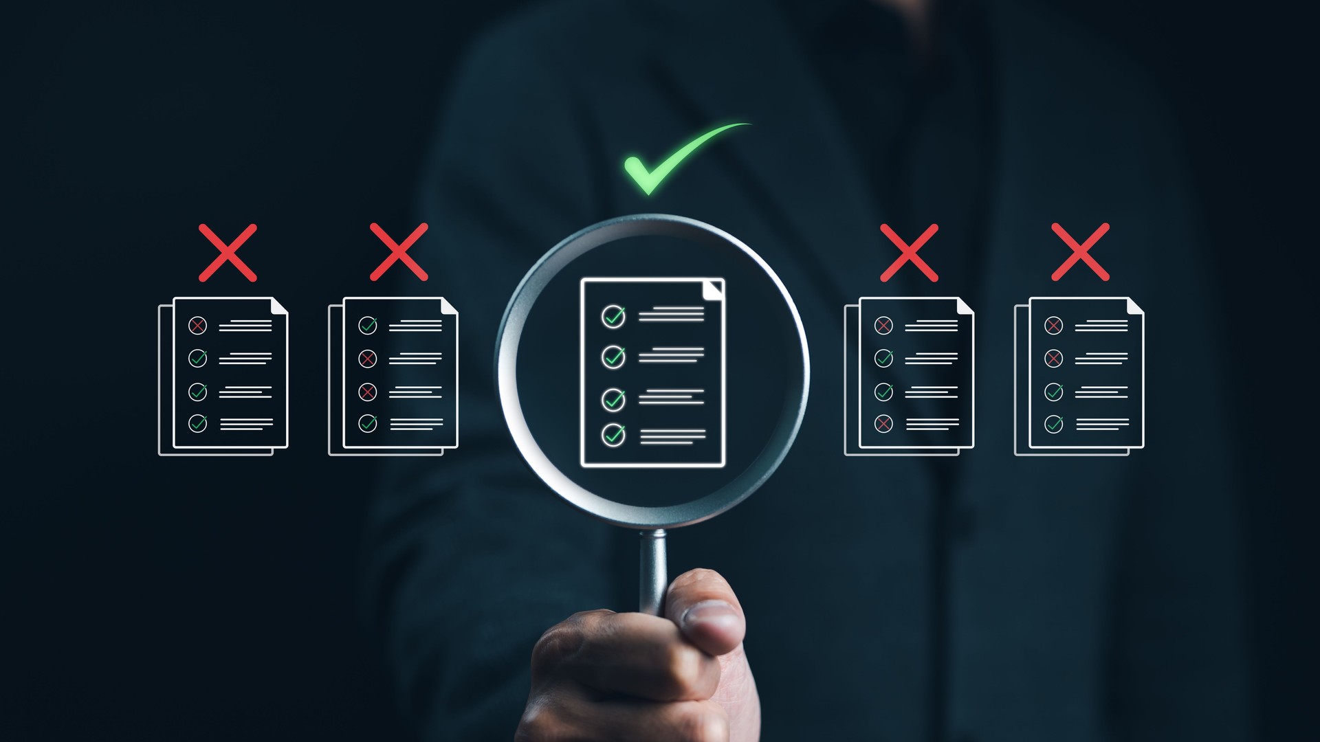 Document quality control concept. Businessman holding magnifying glass focus on document approve paperless and quality assurance approved. Checklist document analyst. Quality certificate Management.